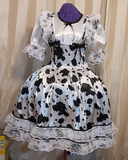 Graceful Cow Print Dress, Satin, Lace, Ruffles, Bows, Sissy , Lolita, Costume, Rave, Cosplay